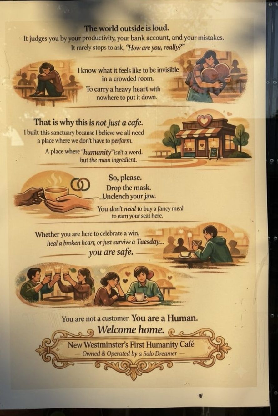 The café's manifesto poster: you are not a customer, you are a human