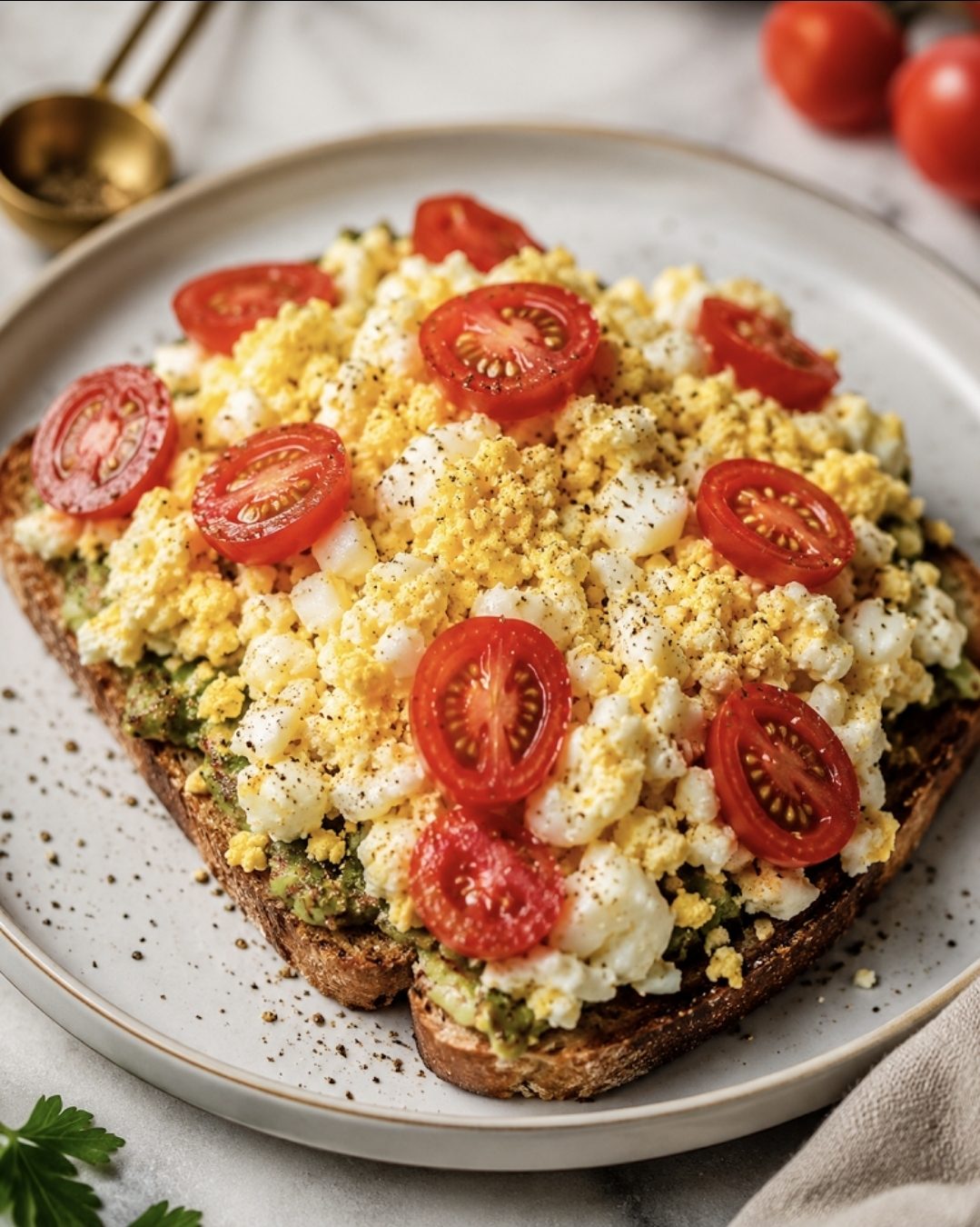 Avocado toast topped with egg and cherry tomatoes