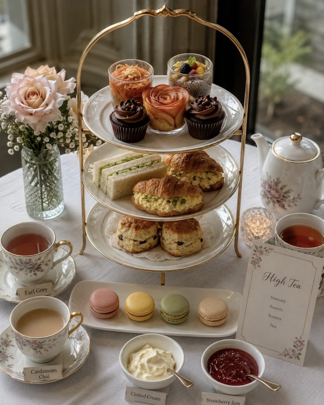 A three-tier High Tea stand with sandwiches, scones, macarons and tea