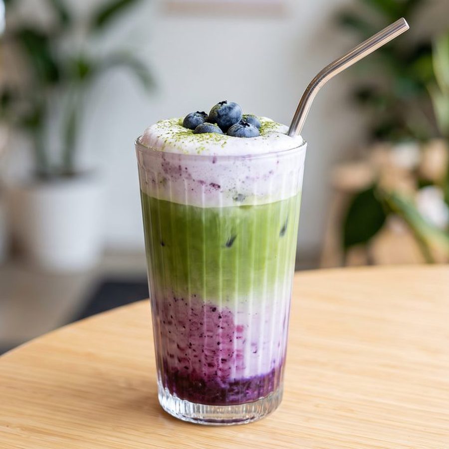 Layered blueberry and matcha iced drink
