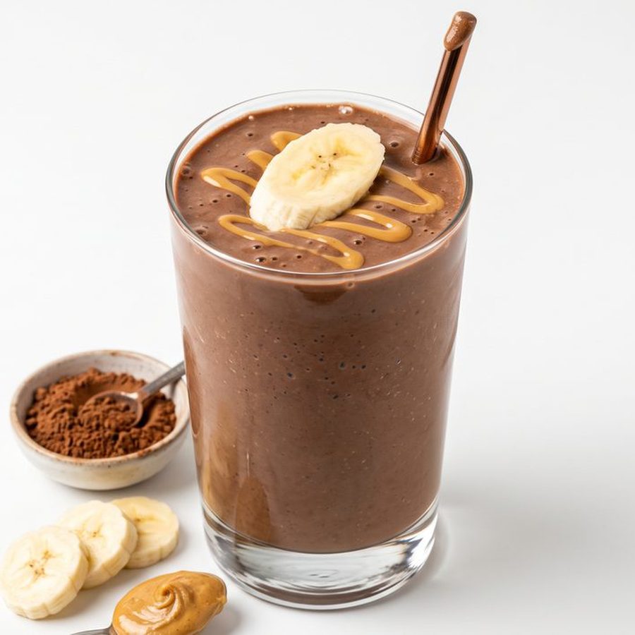 A cocoa protein smoothie topped with banana