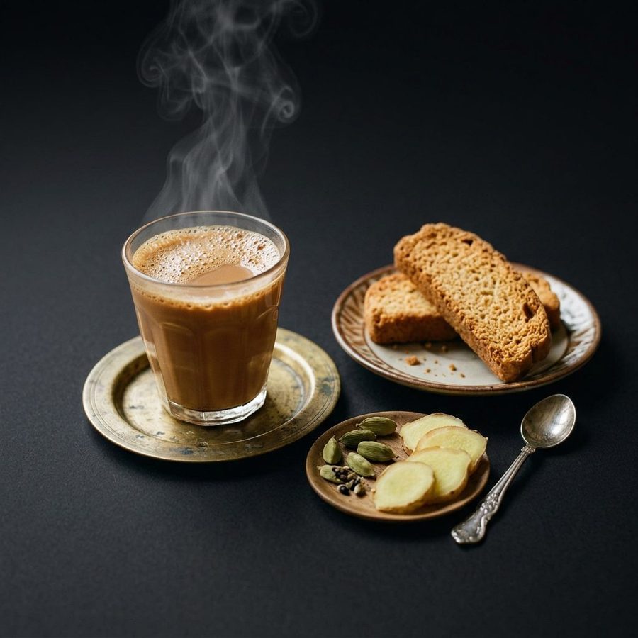 A glass of chai with rusk