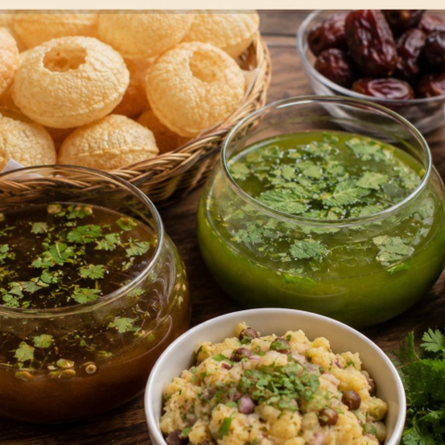 Pani puri with mint and tamarind waters